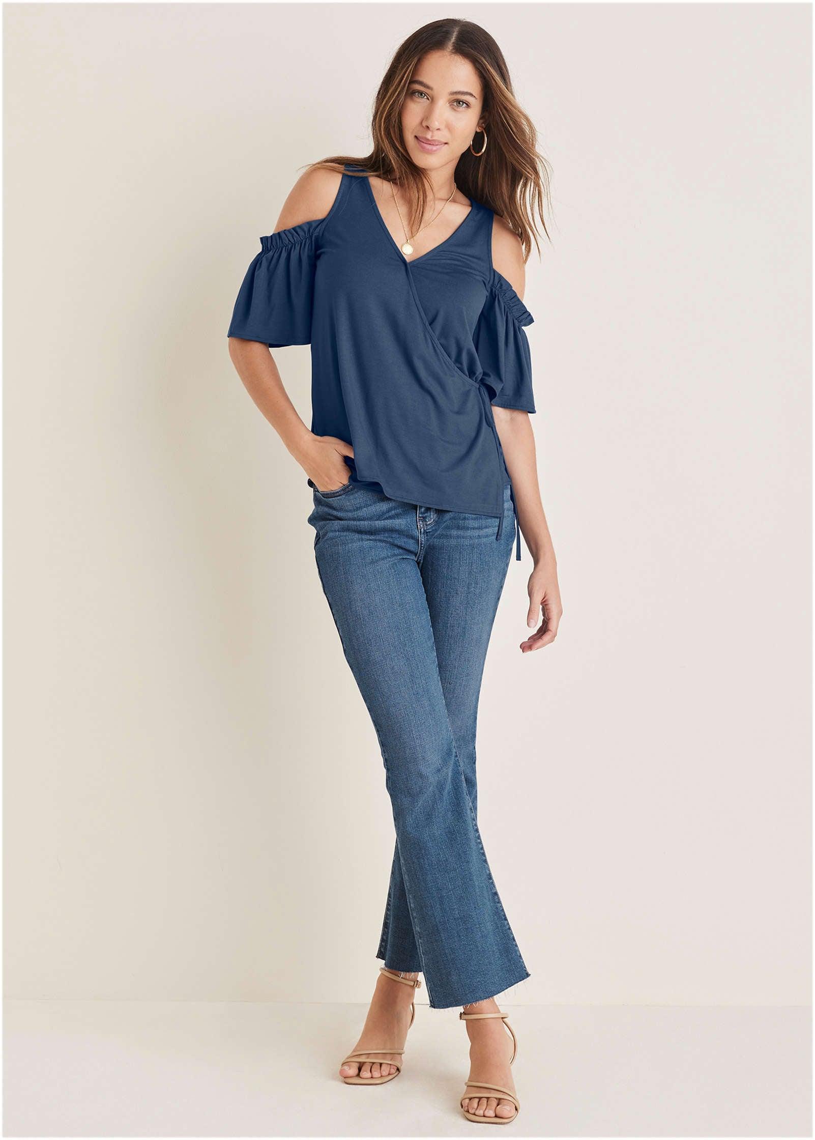 Cold Shoulder Wrap Blouse - Navy Product Image
