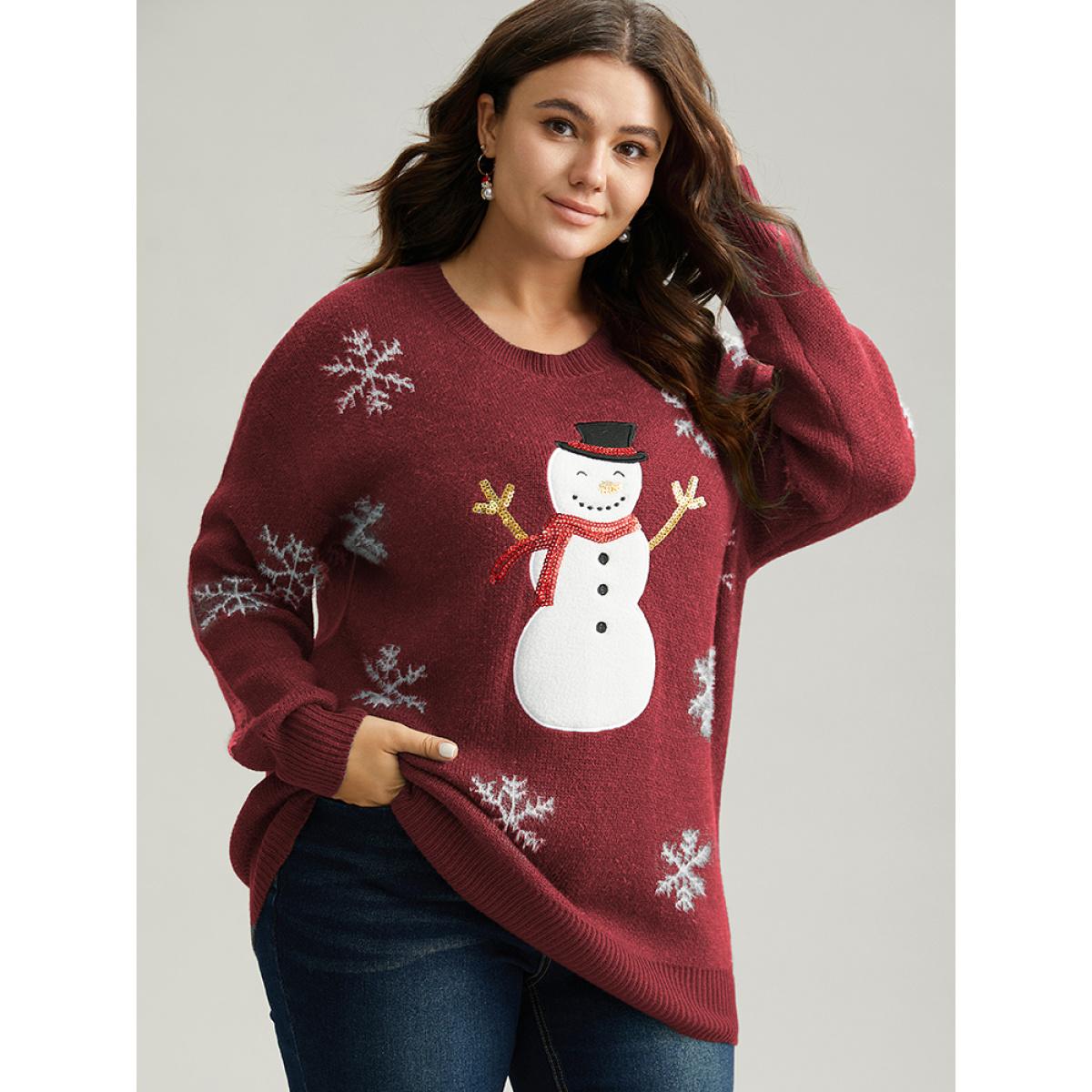 Plus Size Sequin Christmas Graphic Drop Shoulder Pullover Burgundy Women Casual Loose Long Sleeve Round Neck Festival-Christmas Pullovers BloomChic 14-16/1X Product Image