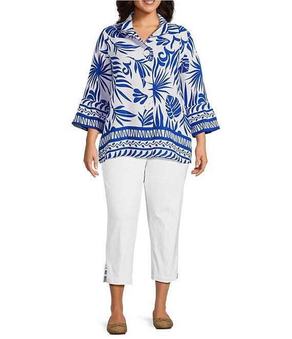 Multiples Plus Size Bark Cloth Border Print Wire Collar 3/4 Sleeve Fitted Button Front Top Product Image