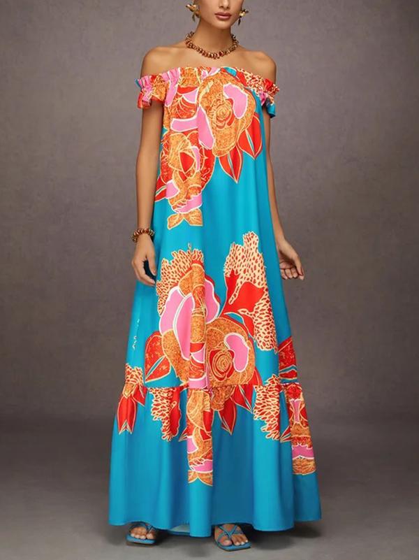 A-Line Loose Elasticity Flower Print Pleated Split-Joint Off-The-Shoulder Maxi Dresses Product Image