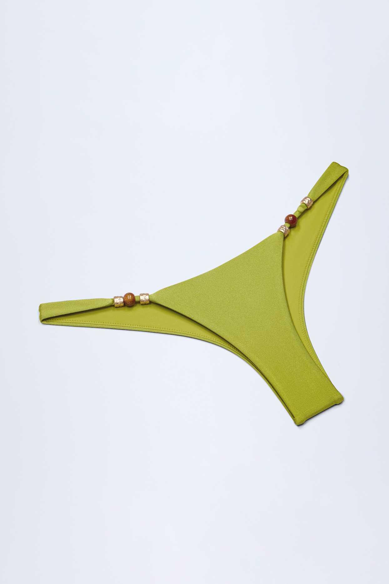 Bead-Embellished Cheeky Bikini Bottoms in Olive Green Product Image