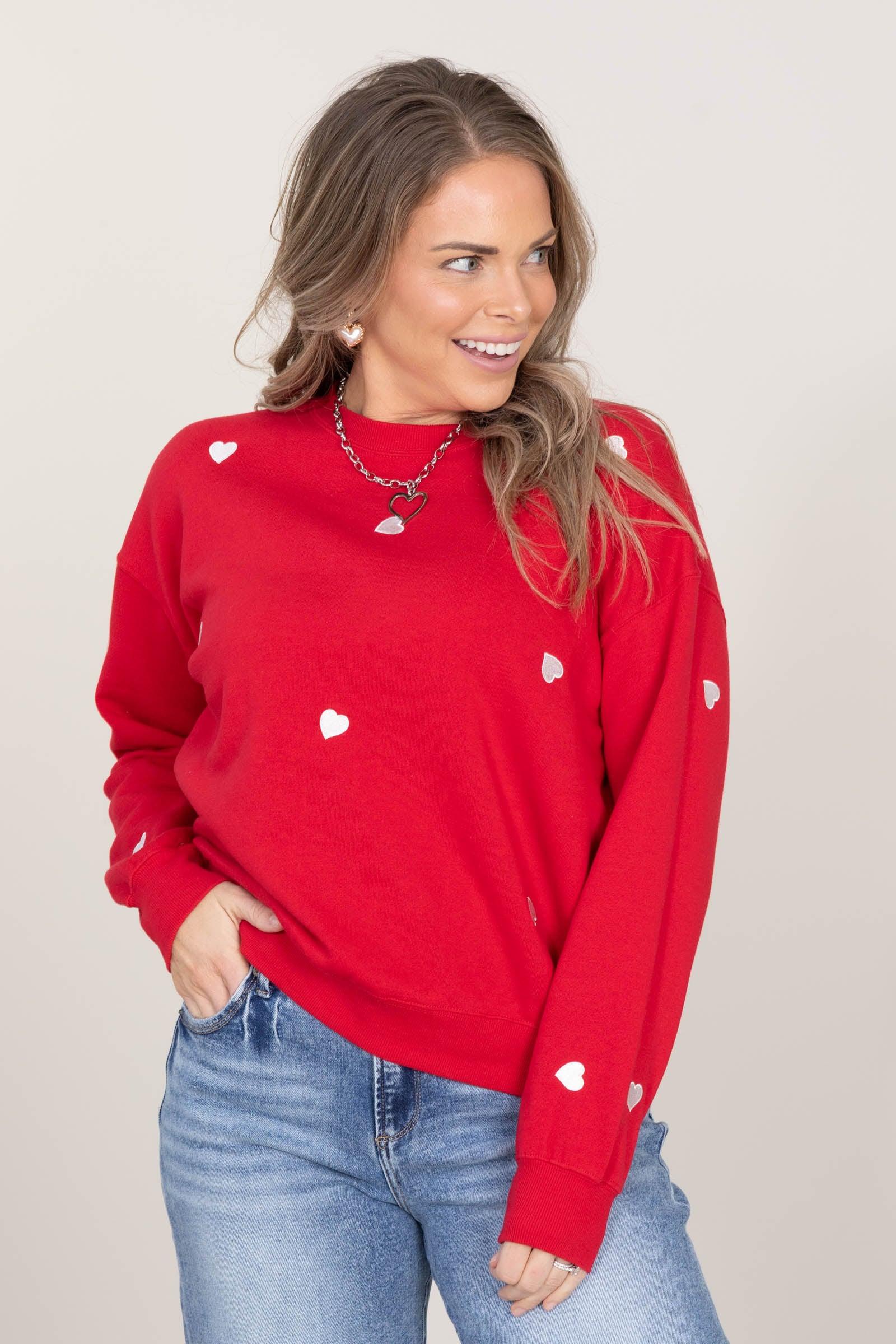 Heart Embroidery Fleece Crewneck Sweatshirts Product Image