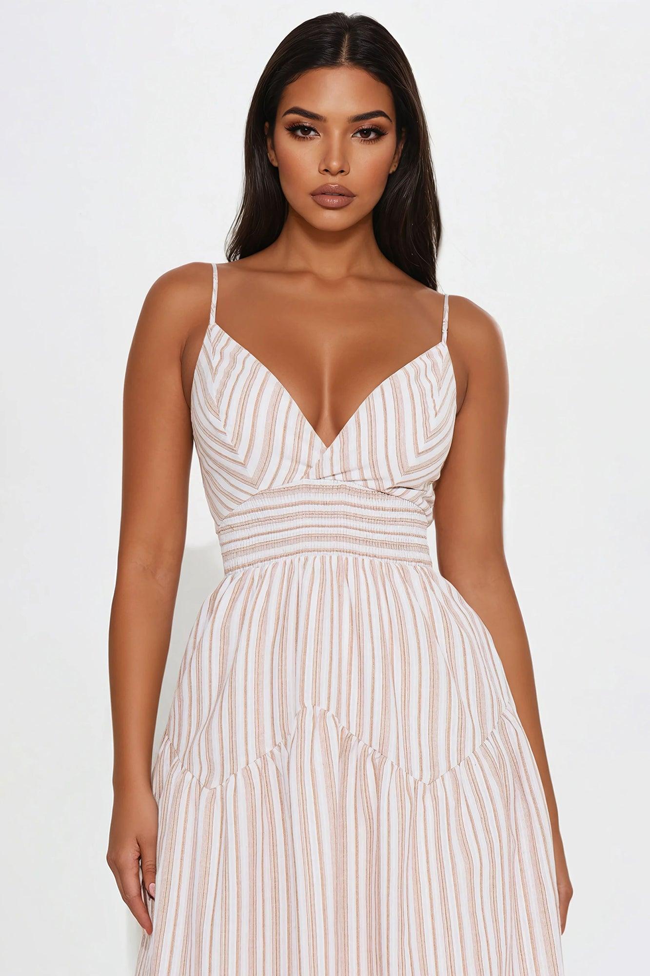 Seaside Vacay Striped Linen Midi Dress - Taupe/combo Product Image