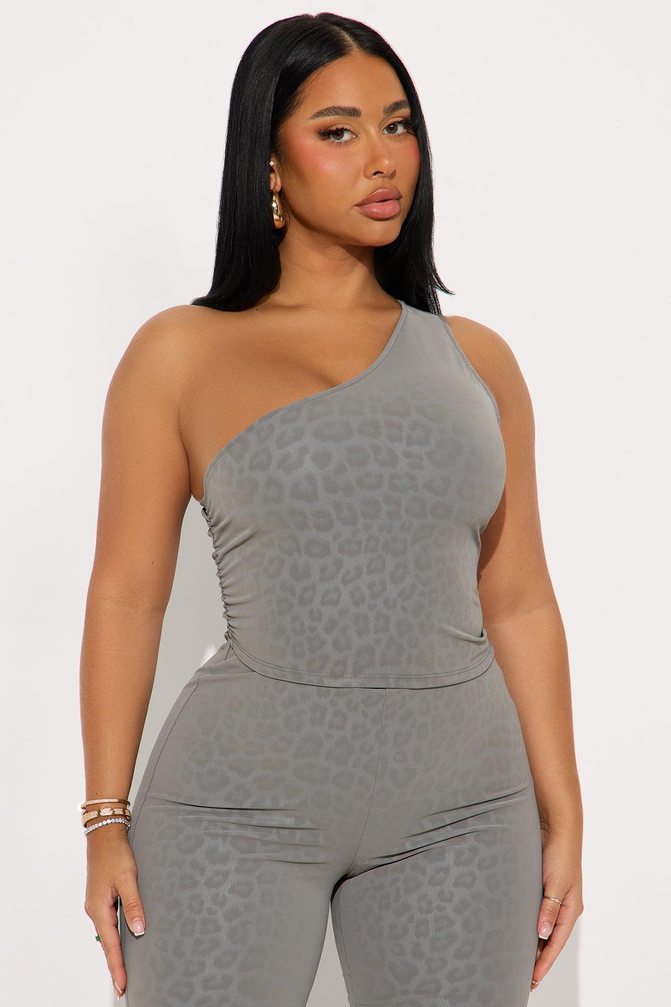 Curved Lines Leopard Faux Leather Pant Set - Grey Female Product Image