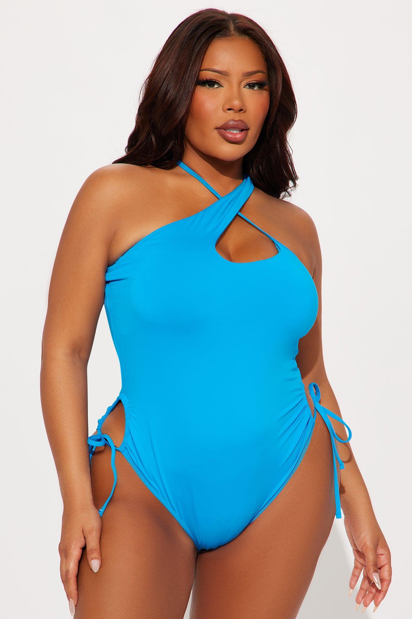 Beachside Coconuts Ruched Asymmetrical 1 Piece Swimsuit - Blue Product Image