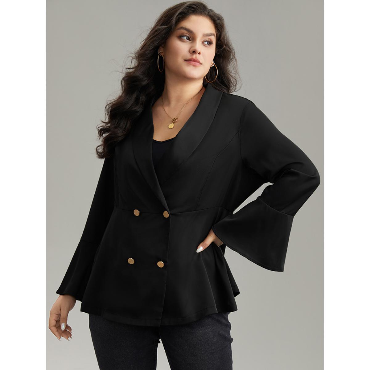 Plus Size Plain Ruffles Button Up Blazer Black Women Dailywear Plain Plain Ruffle Sleeve Long Sleeve Lapel Collar 18-20/2X Casual Blazers BloomChic Product Image