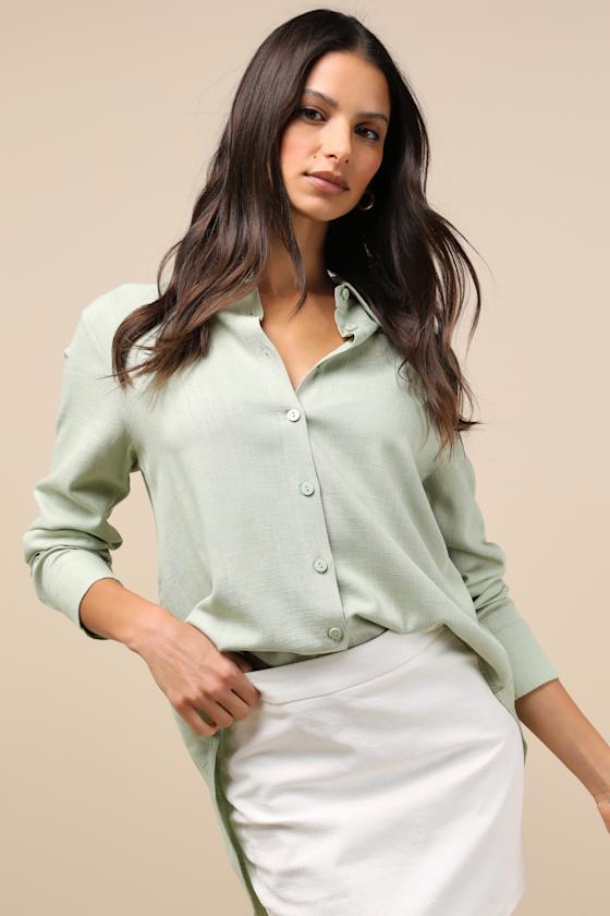 Notable Aesthetic Sage Green Linen Collared Button-Up Top Product Image