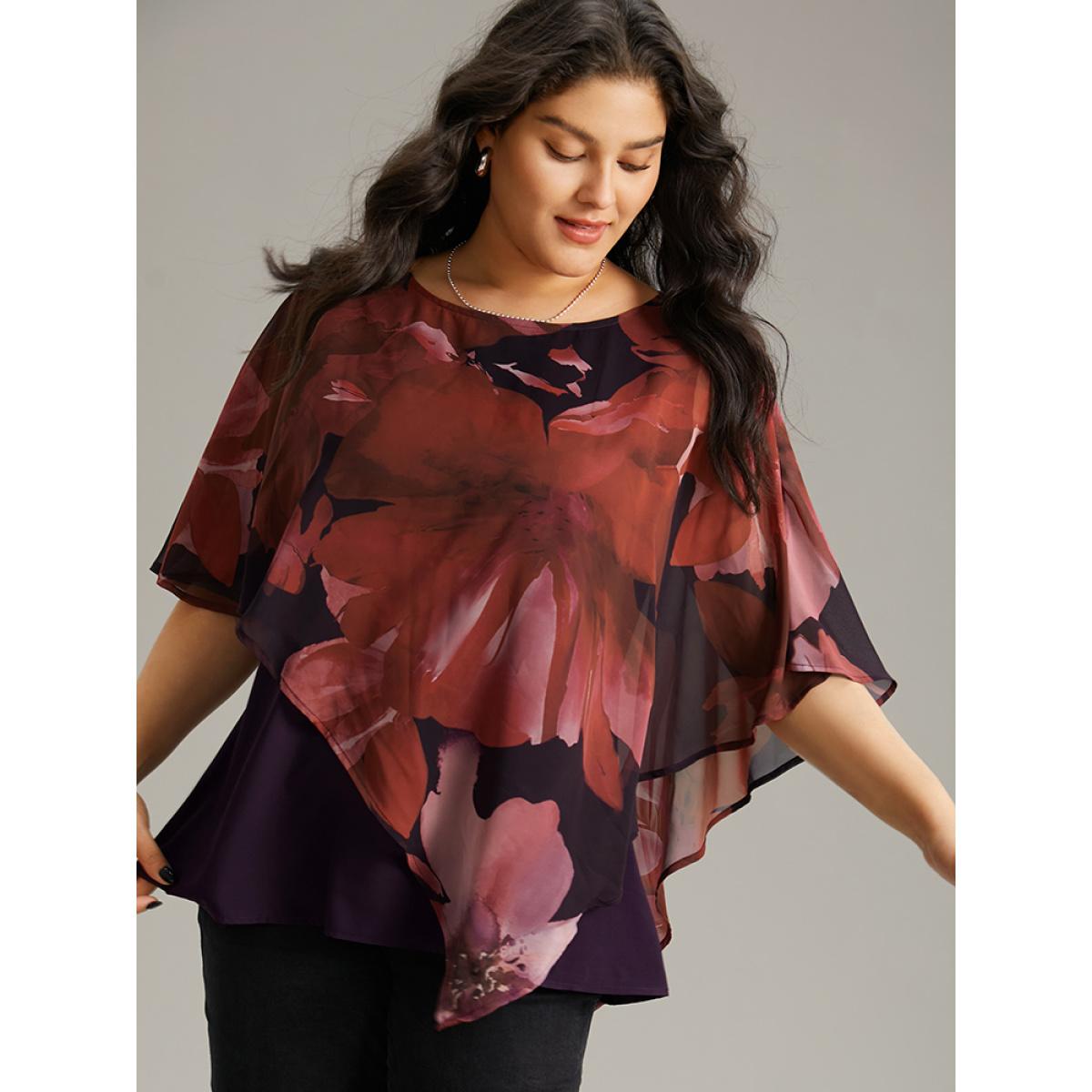 Plus Size Purple Floral Mesh Asymmetrical Dolman Sleeve Blouse Women Glamour Short sleeve Round Neck Going out Blouses BloomChic 18-20/2X Product Image