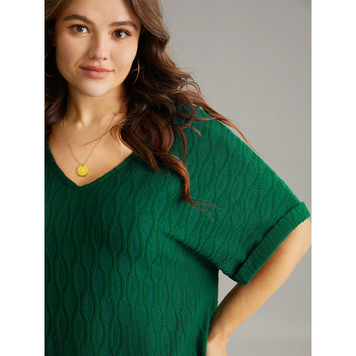 Plus Size Plain Texture V Neck Roll Dolman Sleeve T-shirt DarkGreen Women Casual Texture Plain V-neck Dailywear T-shirts BloomChic 28/5X Product Image