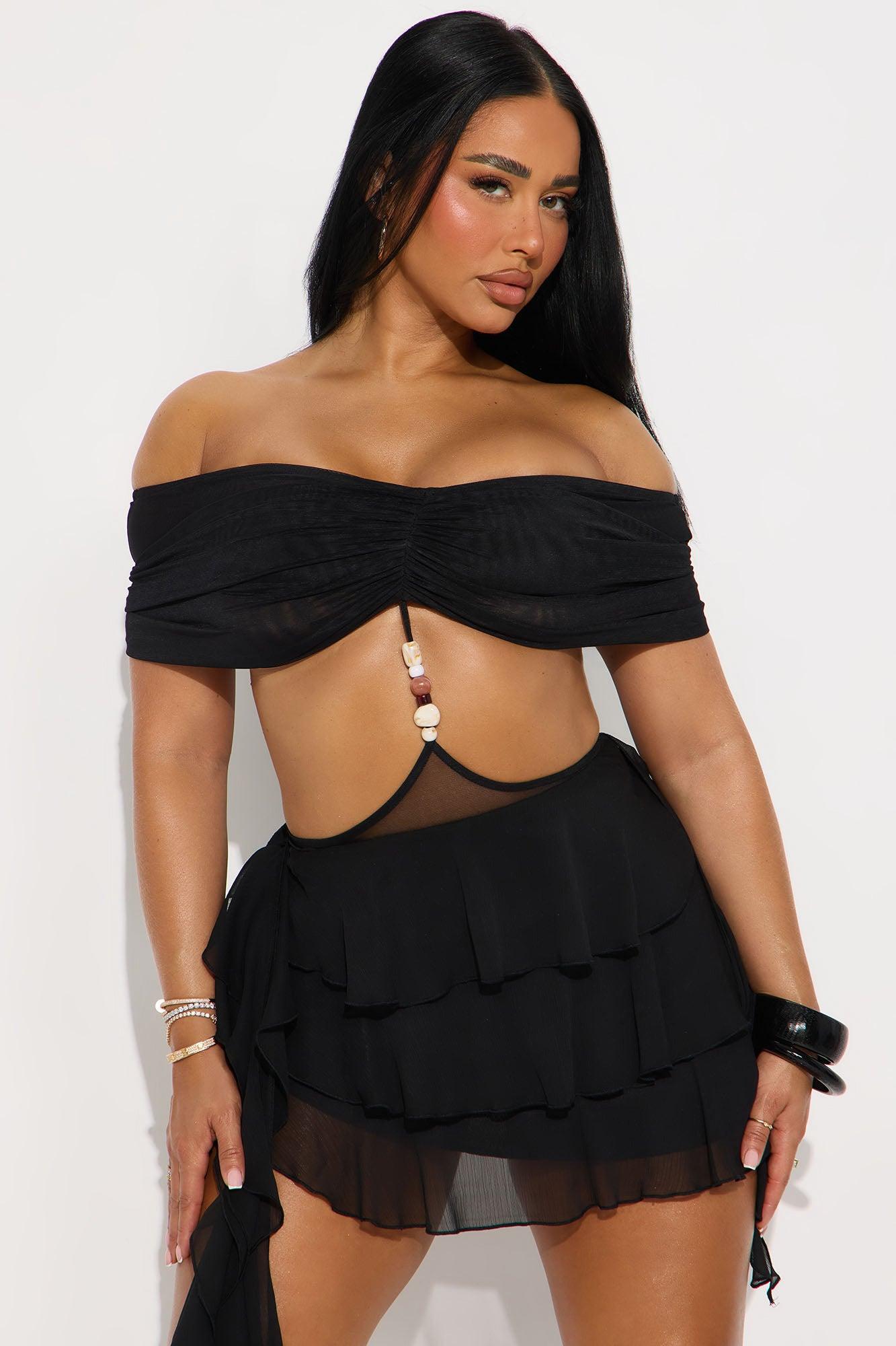 Villa Baddie Mesh Off Shoulder Bodysuit - Black Female Product Image
