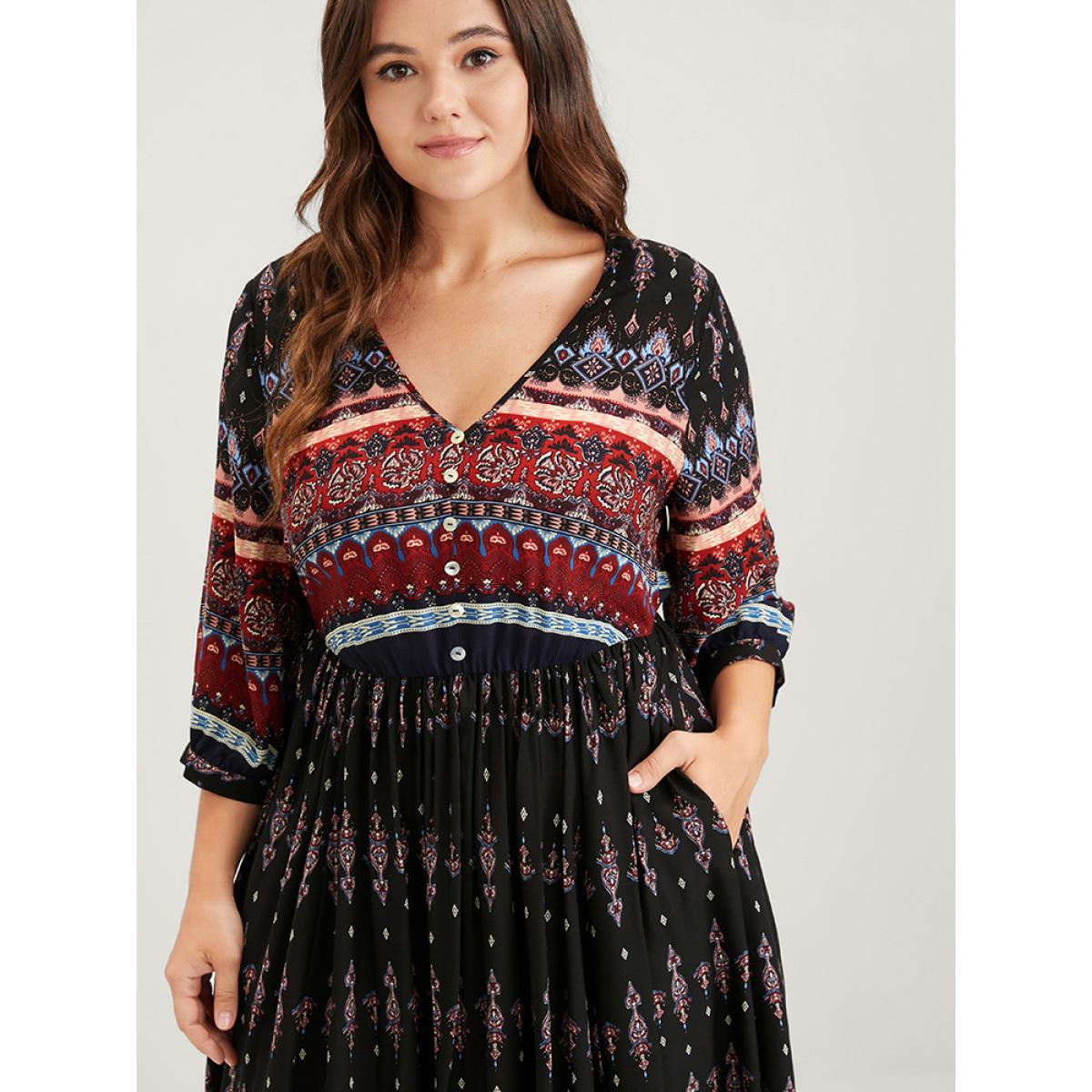 Plus Size Bandana Button Pocket Flutter Split Hem Midi Dress Black Women Elegant Elastic Waist V-neck Elbow-length sleeve Curvy Long Dress BloomChic 28/5X Product Image