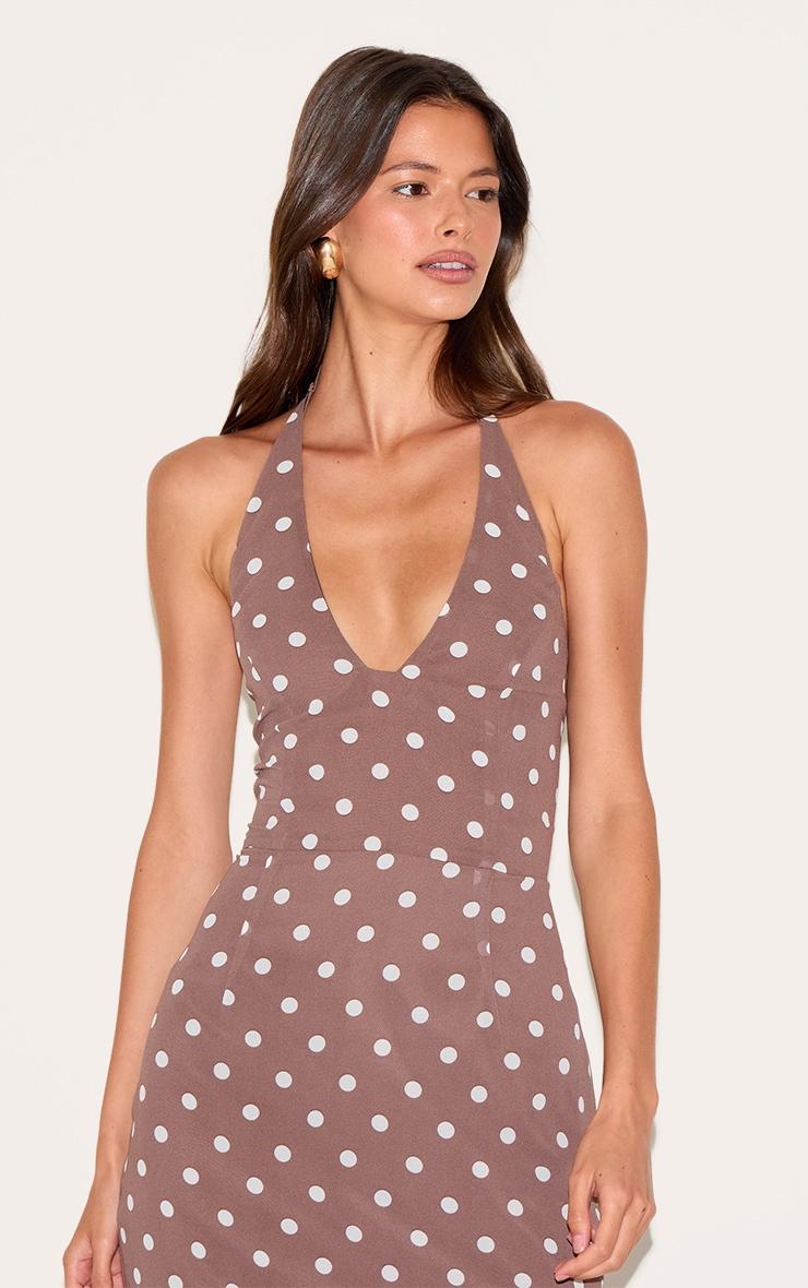 Chocolate Chiffon Polka Dot Printed Plunge Neck Maxi Dress Product Image