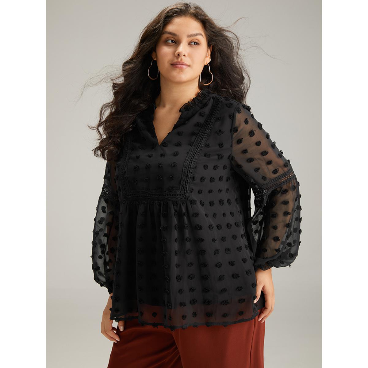 Plus Size Black Polka Dot Frill Trim Mesh Blouse Women Elegant Long Sleeve Notched collar Dailywear Blouses BloomChic 14-16/1X Product Image