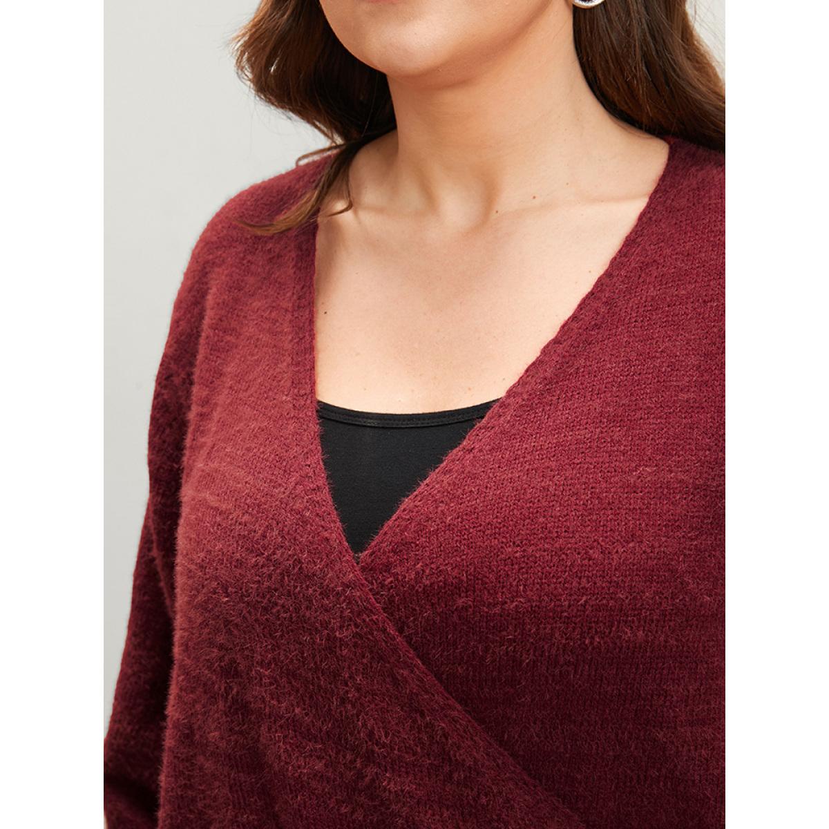 Plus Size Solid Soft Plush Knit Crossover Hem Knit Top Scarlet Women Elegant Loose Long Sleeve Overlap Collar Dailywear Pullovers BloomChic 12/L Product Image