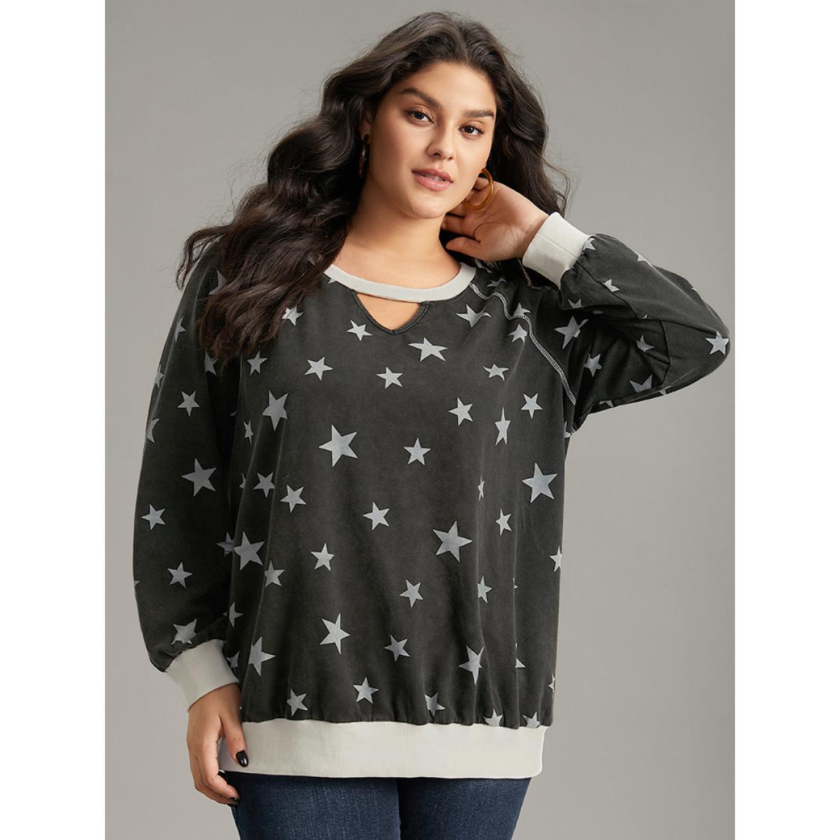 Plus Size Star Print Keyhole Rib Knit Hem Sweatshirt Women Black Casual Elastic cuffs Keyhole Cut-Out Dailywear Sweatshirts BloomChic 22-24/3X Product Image