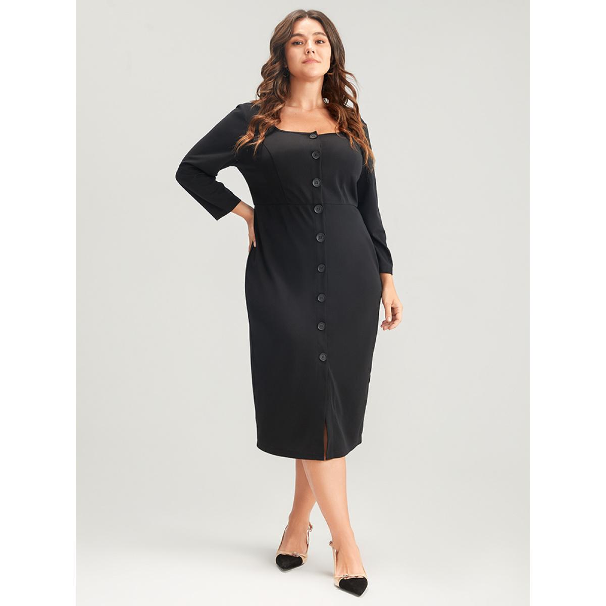 Plus Size Solid Square Neck Button Up Bodycon Midi Dress Black Women Office Button Square Neck Elbow-length sleeve Curvy Midi Dress BloomChic 28/5X Product Image