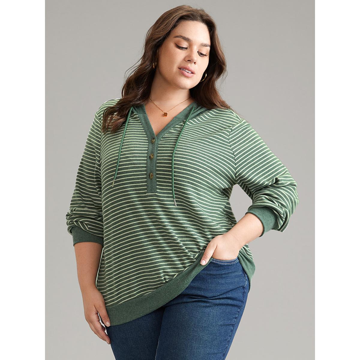 Plus Size Striped Hooded Drawstring Button Up Fluffy Sweatshirt Women Green Elegant Button Hooded Dailywear Sweatshirts BloomChic 18-20/2X Product Image