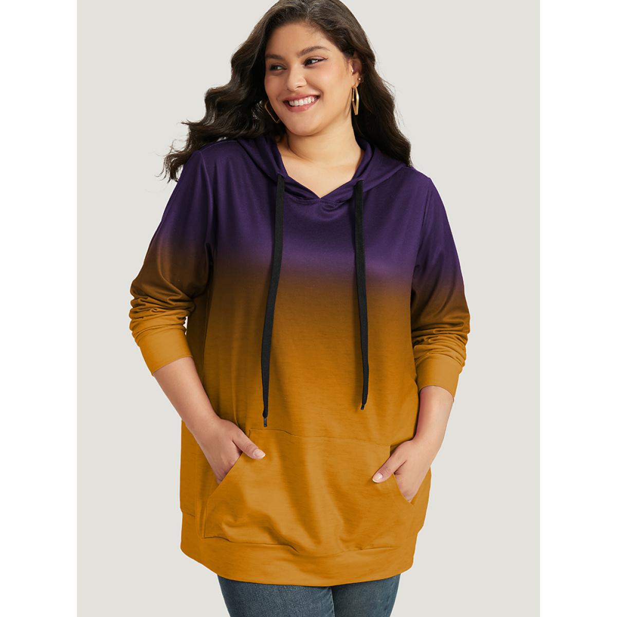 Plus Size Ombre Pocket Drawstring Hooded Sweatshirt Women Blackcurrant Casual Elastic cuffs Hooded Everyday Sweatshirts BloomChic 14-16/1X Product Image