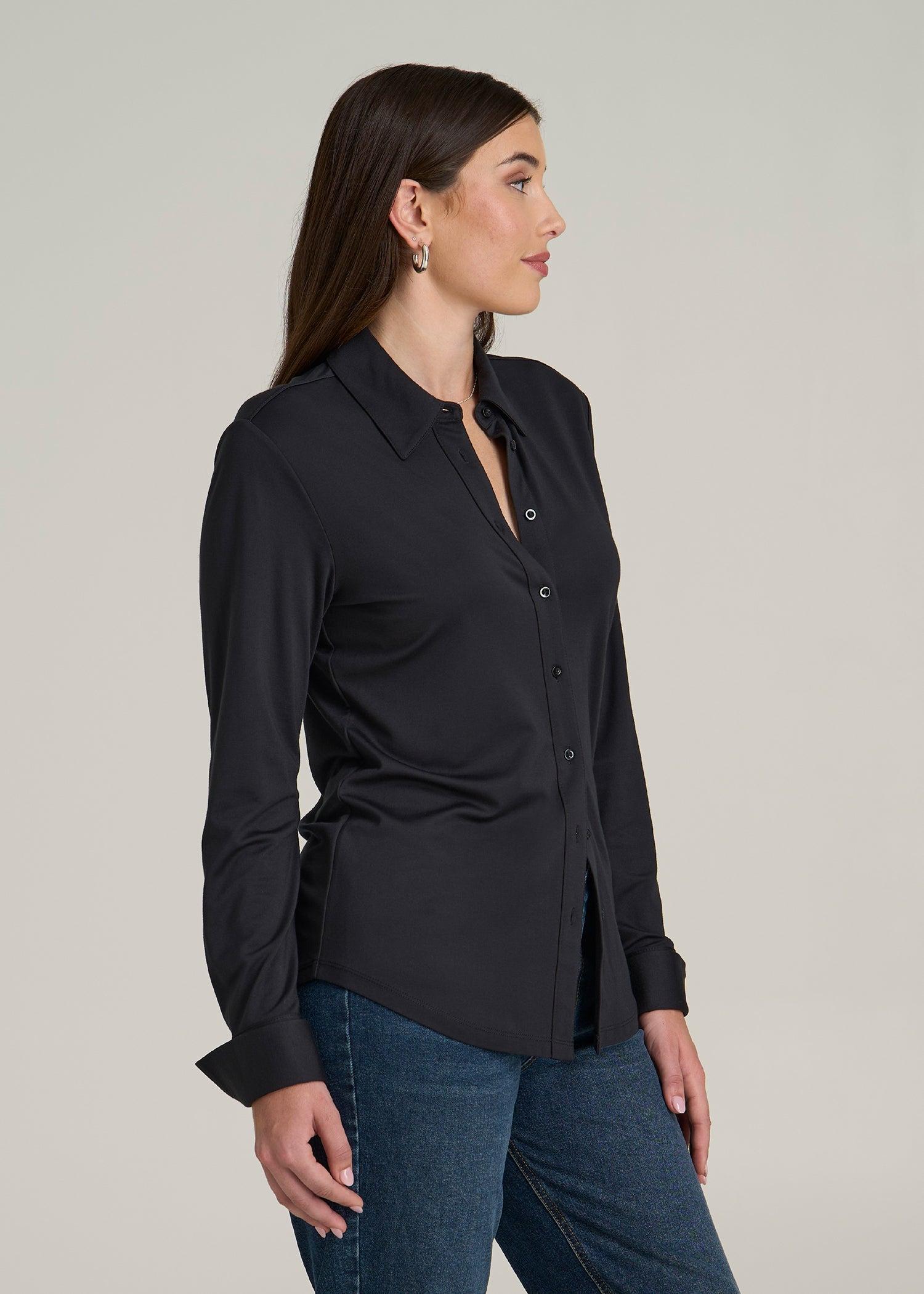 Slub Knit Button-Up Shirt for Tall Women in Black Female Product Image
