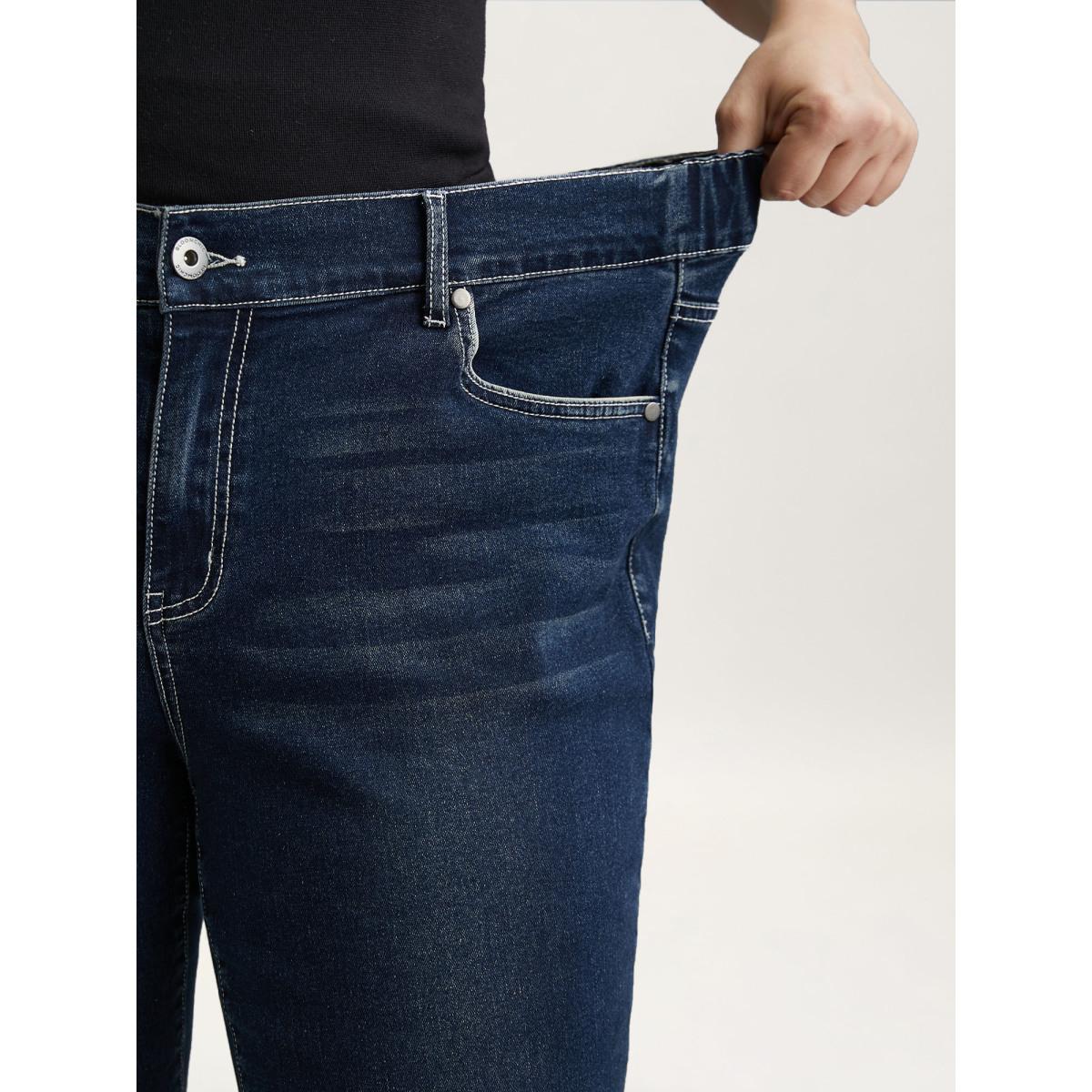 Plus Size Whiskered Stretchy Waist Bootcut Jeans Women Darkindigo Elegant Button Medium stretch Slanted pocket Jeans BloomChic 20/2X Product Image