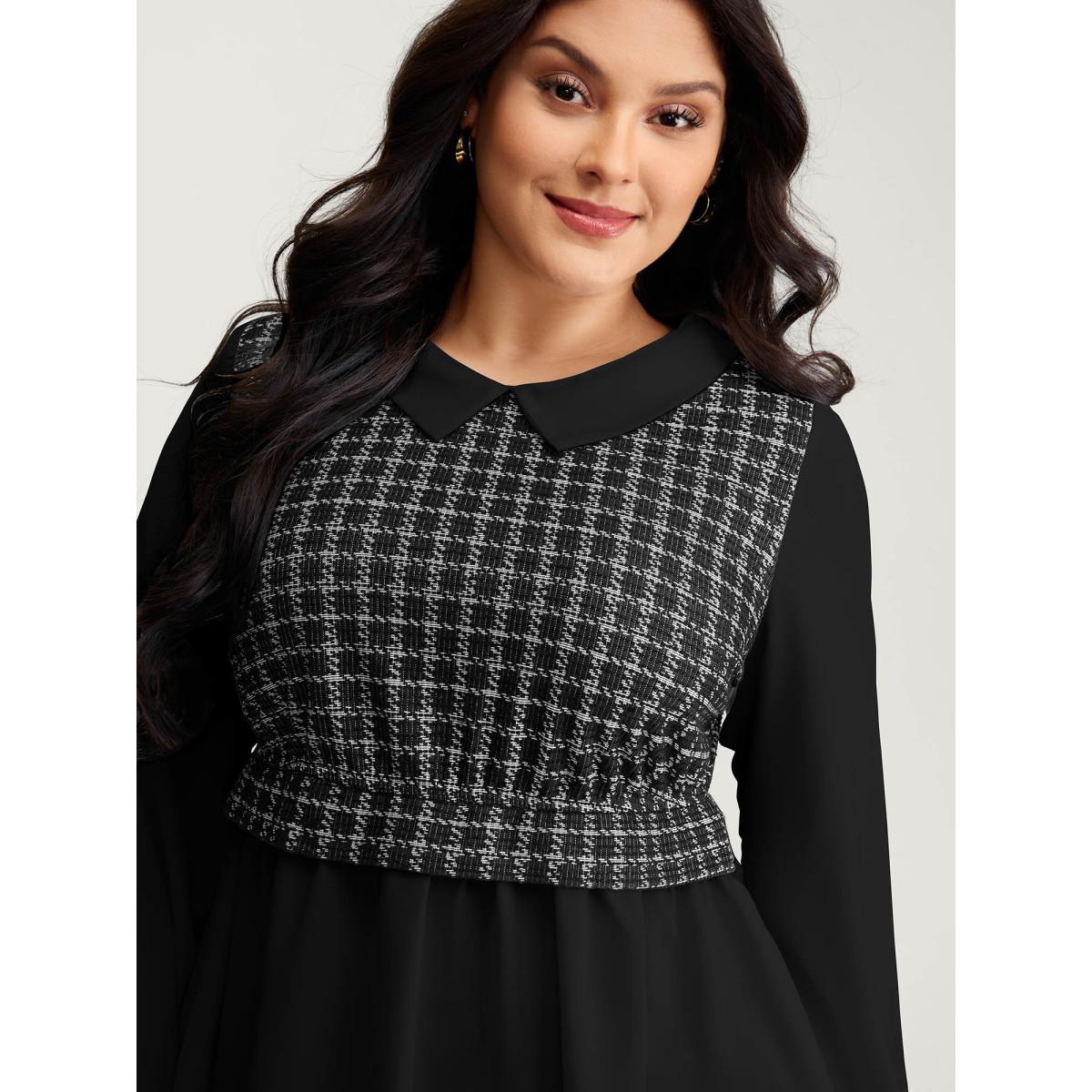 Plus Size Black Houndstooth Pattern Color Contrast Blouse Women Timeless Long Sleeve Lapel Collar Elegant Blouses BloomChic 18-20/2X Product Image