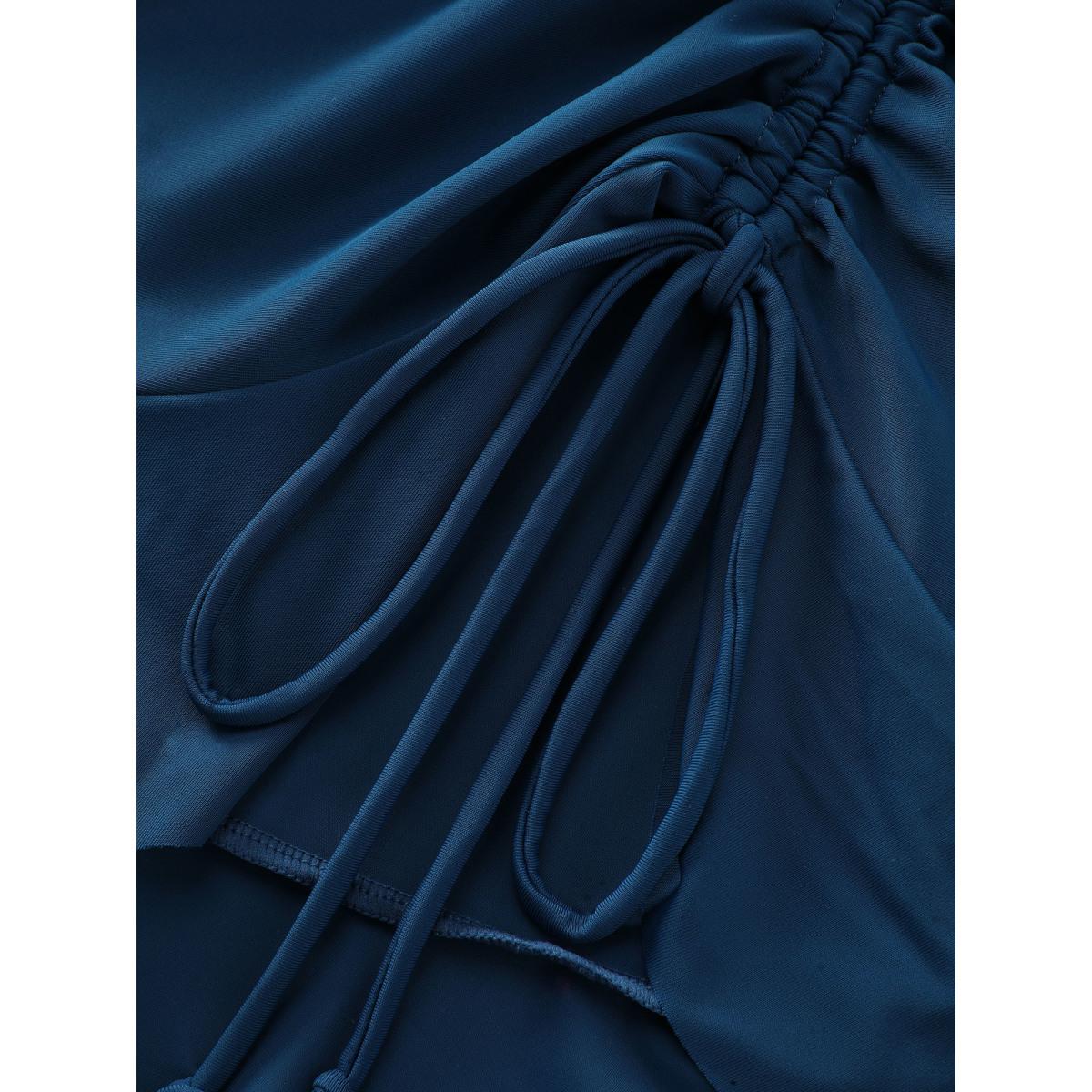 Plus Size Ruffled Hem Flutter Sleeve Drawstring Swim Dress Women's Swimwear Cyan Resort Bodycon Overlap Collar High stretch Curve Swim Dresses BloomChic 10/M Product Image