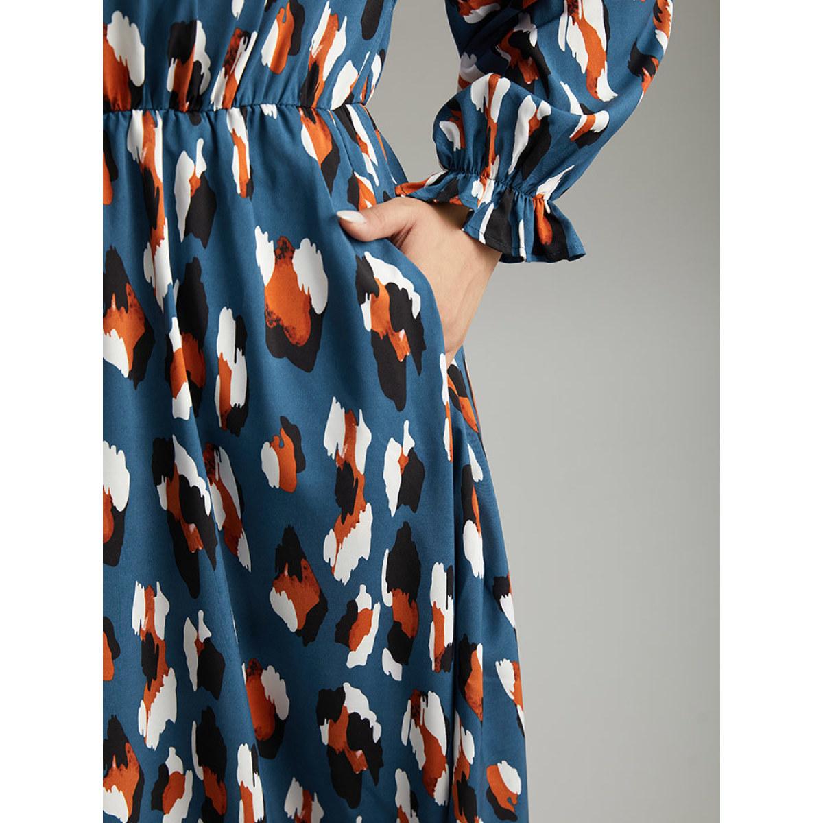 Plus Size Allover Print Stand Collar Pocket Ruffles Dress Aegean Women Office Printed Stand-up collar Long Sleeve Curvy Midi Dress BloomChic 18-20/2X Product Image