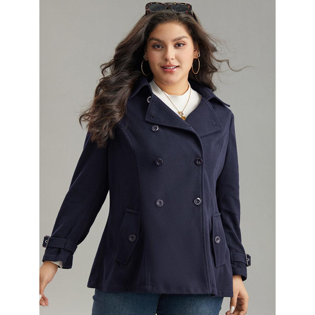 Plus Size Solid Buckle Detail Cuffs Lapel Collar Coat Women Midnight Casual Plain Ladies Everyday Winter Coats BloomChic 18-20/2X Product Image