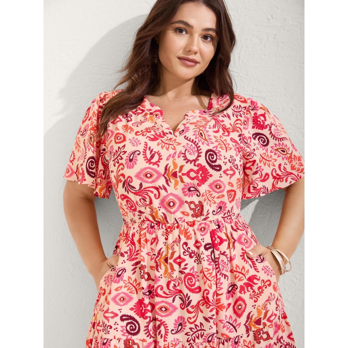 Plus Size Sweet Florals Notched Collar Midi Dress OrangeRed Women Boho Gathered Flat collar Short sleeve Curvy BloomChic 10/M Product Image