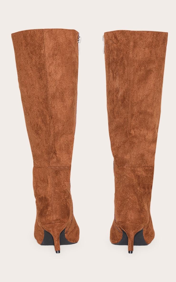 Chocolate Faux Suede Point Toe Mid Heeled Knee High Boots Product Image