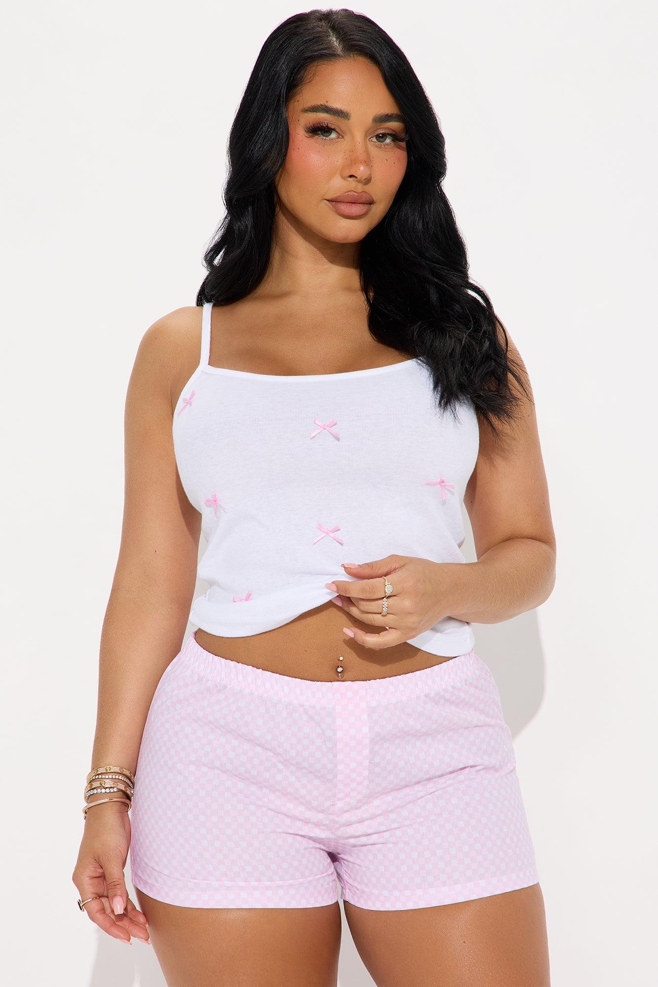 Put A Bow On It Ribbed PJ Boxer Short Set - Pink Product Image