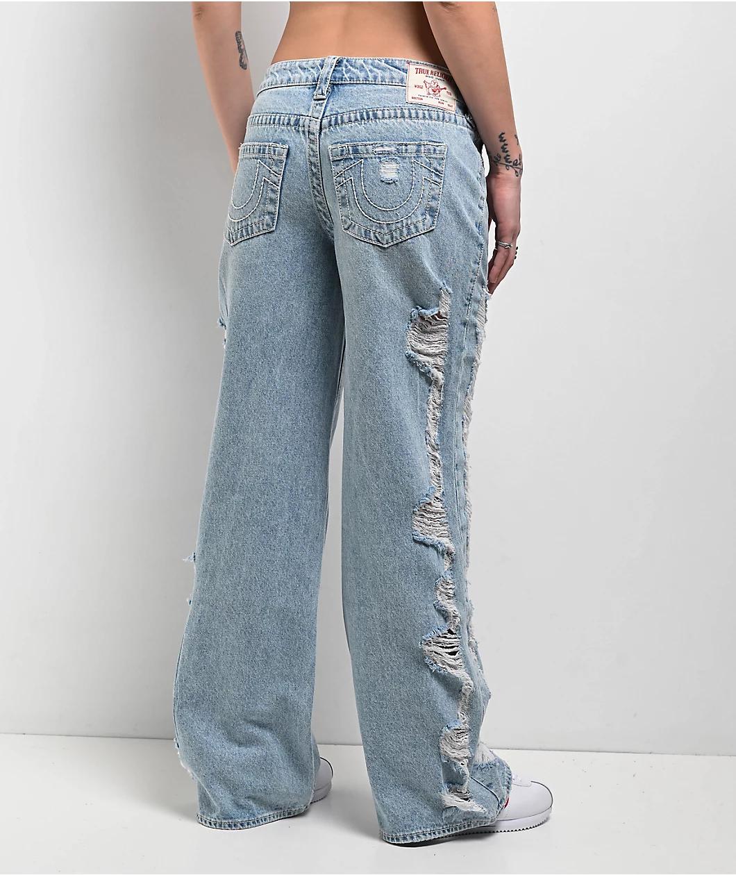 True Religion Bobbi Super Distressed Aqua Marine Mid Rise Baggy Jeans Product Image
