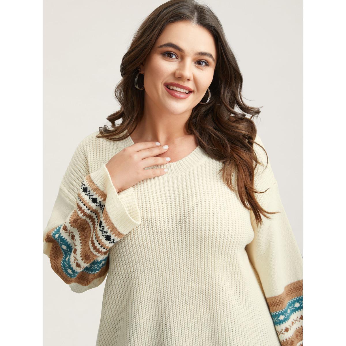 Plus Size Round Neck Color-Block Textured Pullover Ivory Women Casual Loose Long Sleeve Everyday Cardigans BloomChic 14-16/1X Product Image