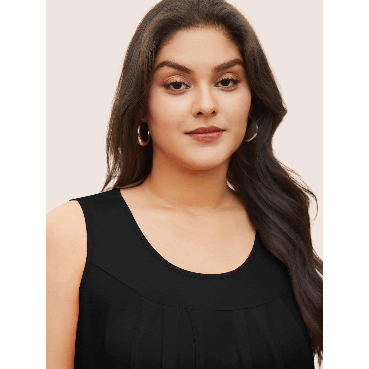 Plus Size Plain Round Neck Plicated Detail Tank Top Women Black Timeless Non U-neck Elegant Tank Tops Camis BloomChic 14-16/1X Product Image