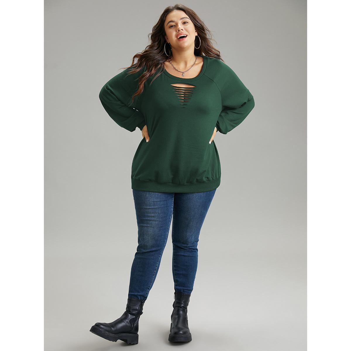 Plus Size Solid Rib Knit Cut Out Raglan Sleeve Sweatshirt Women Green Casual Rib Knit Keyhole Cut-Out Everyday Sweatshirts BloomChic 26/4X Product Image