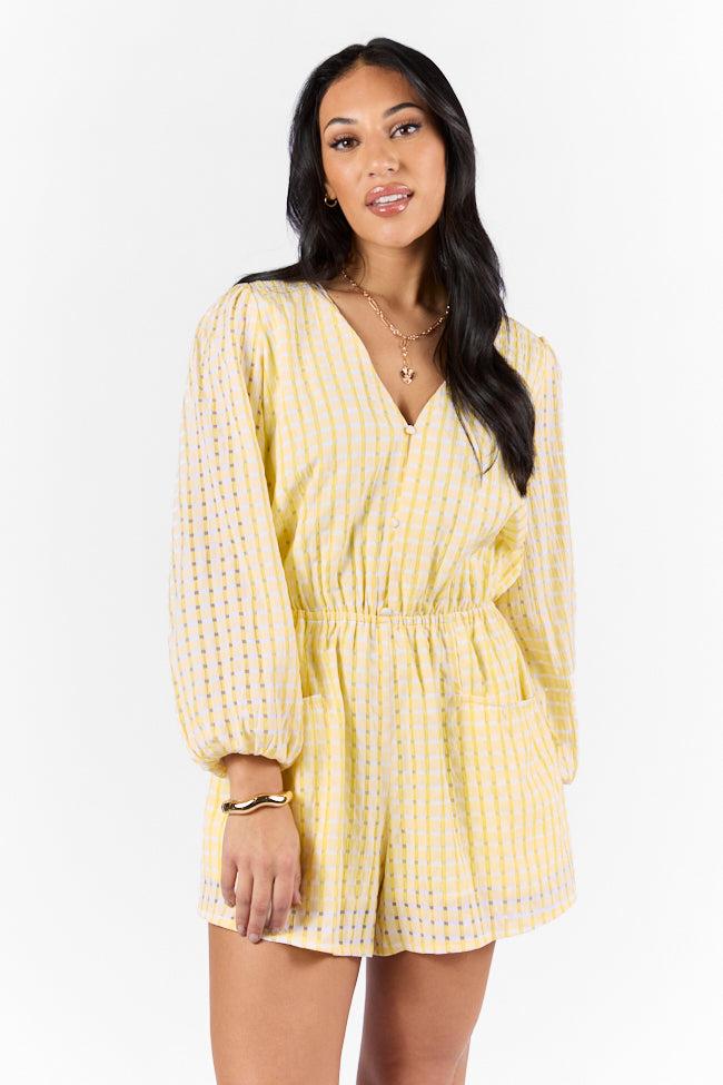 Set On You Yellow Gingham Long Sleeve Romper FINAL SALE Product Image