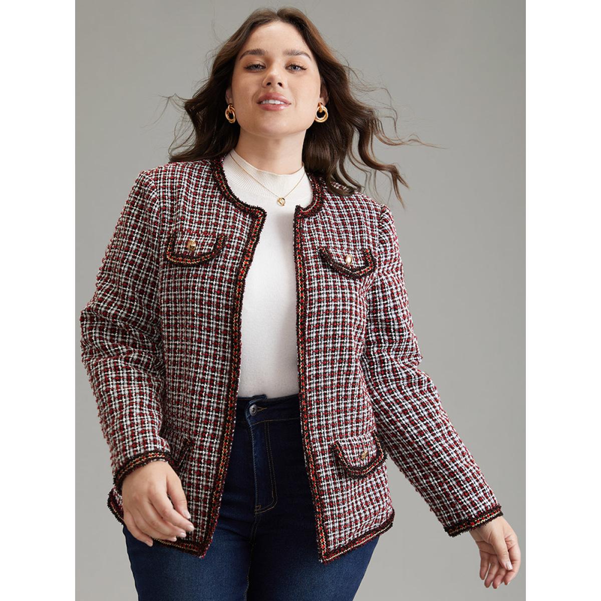 Plus Size Coarse Tweed Gingham Plisse Flap Pocket Blazer Women Scarlet Office Texture Ladies Office Winter Coats BloomChic 30/6X Product Image