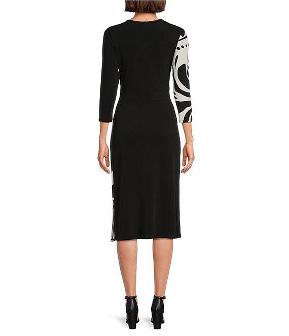 Eva Varro Abstract Print and Solid Combo Knit Jersey V-Neck 3/4 Sleeve Faux-Wrap Midi Dress Product Image
