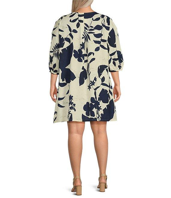 Bryn Walker Plus Size Lucien Foglie Print Linen Blend Round Neck 3/4 Sleeve Dress Product Image
