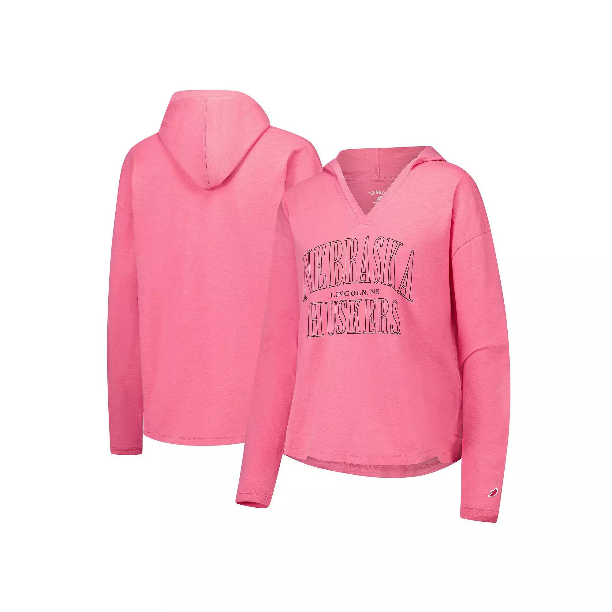 Women's League Collegiate Wear Pink Nebraska Huskers Slub Long Sleeve V-Neck Hoodie T-Shirt,  Product Image