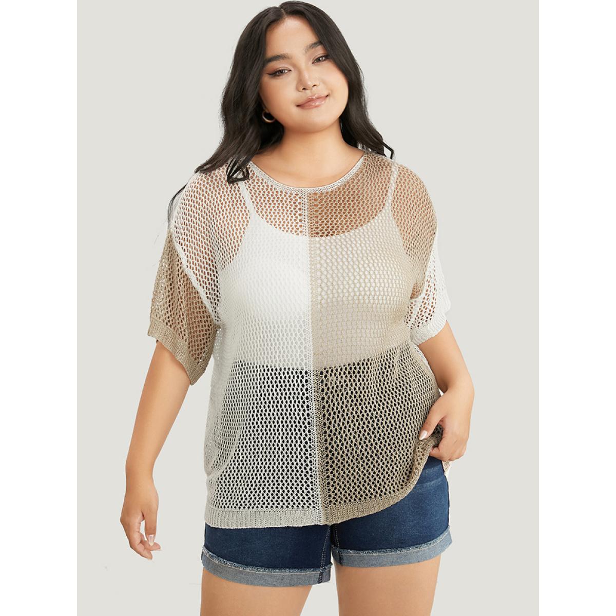 Plus Size Colorblock Contrast Hollow Out Batwing Sleeve Knit Top Multicolor Women Elegant Short sleeve Round Neck Dailywear Pullovers BloomChic 12/L Product Image