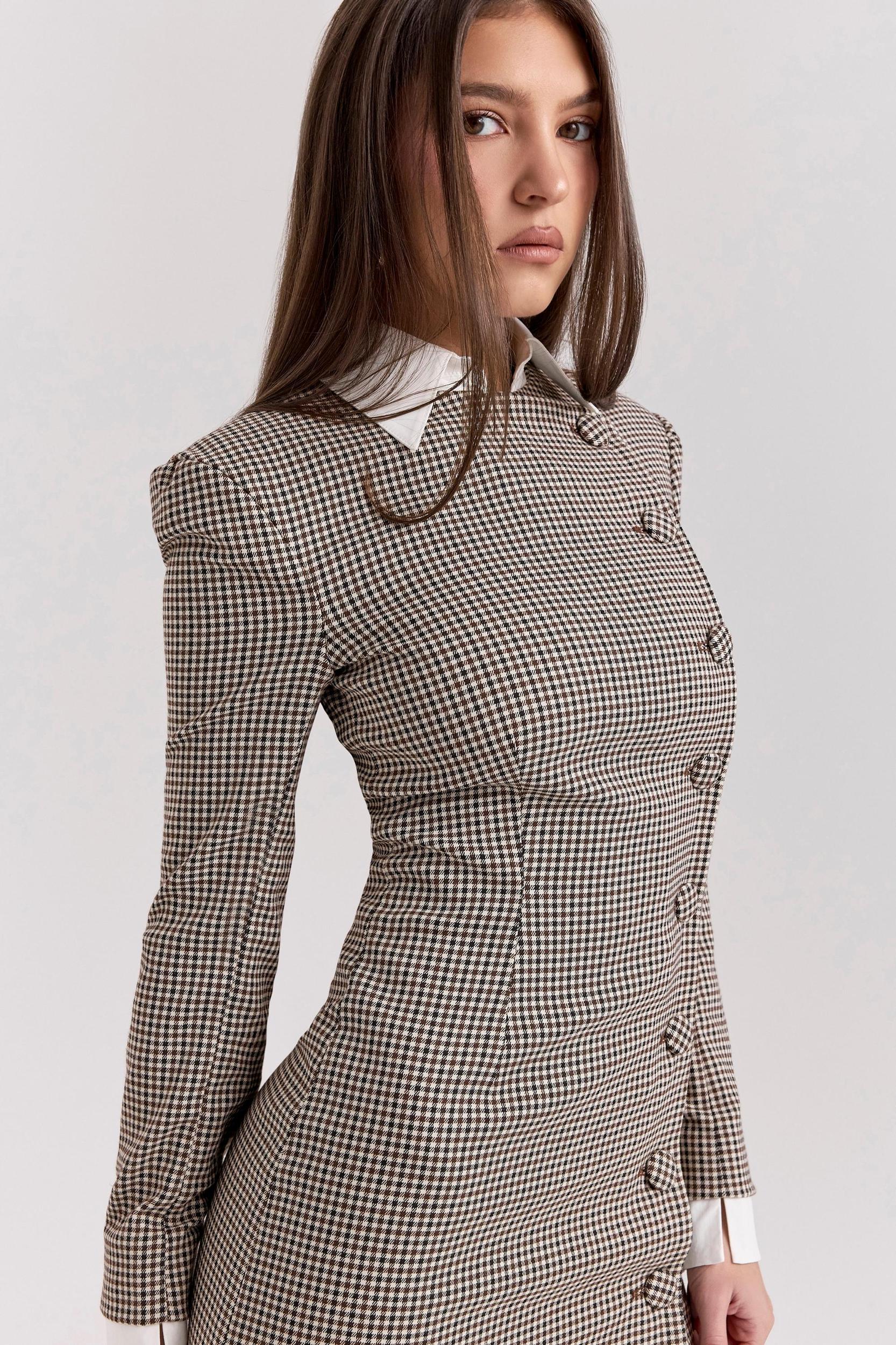 Leoni  brown puppytooth check bodycon mini dress - sale Product Image
