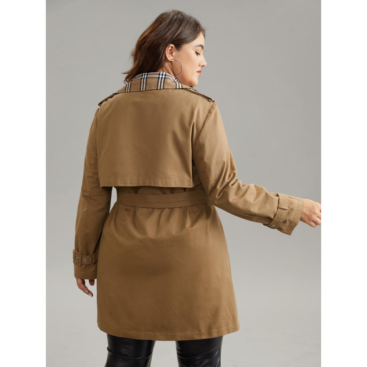Plus Size Plaid Contrast Belted Double Breasted Coat Women Tan Elegant Lined Ladies Dailywear Winter Coats BloomChic 22-24/3X Product Image