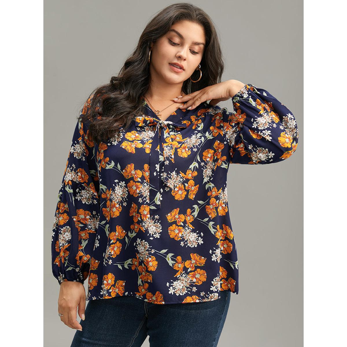 Plus Size Indigo Floral Print Bowknot Ties Lantern Sleeve Blouse Women Elegant Long Sleeve V-neck Dailywear Blouses BloomChic 14-16/1X Product Image
