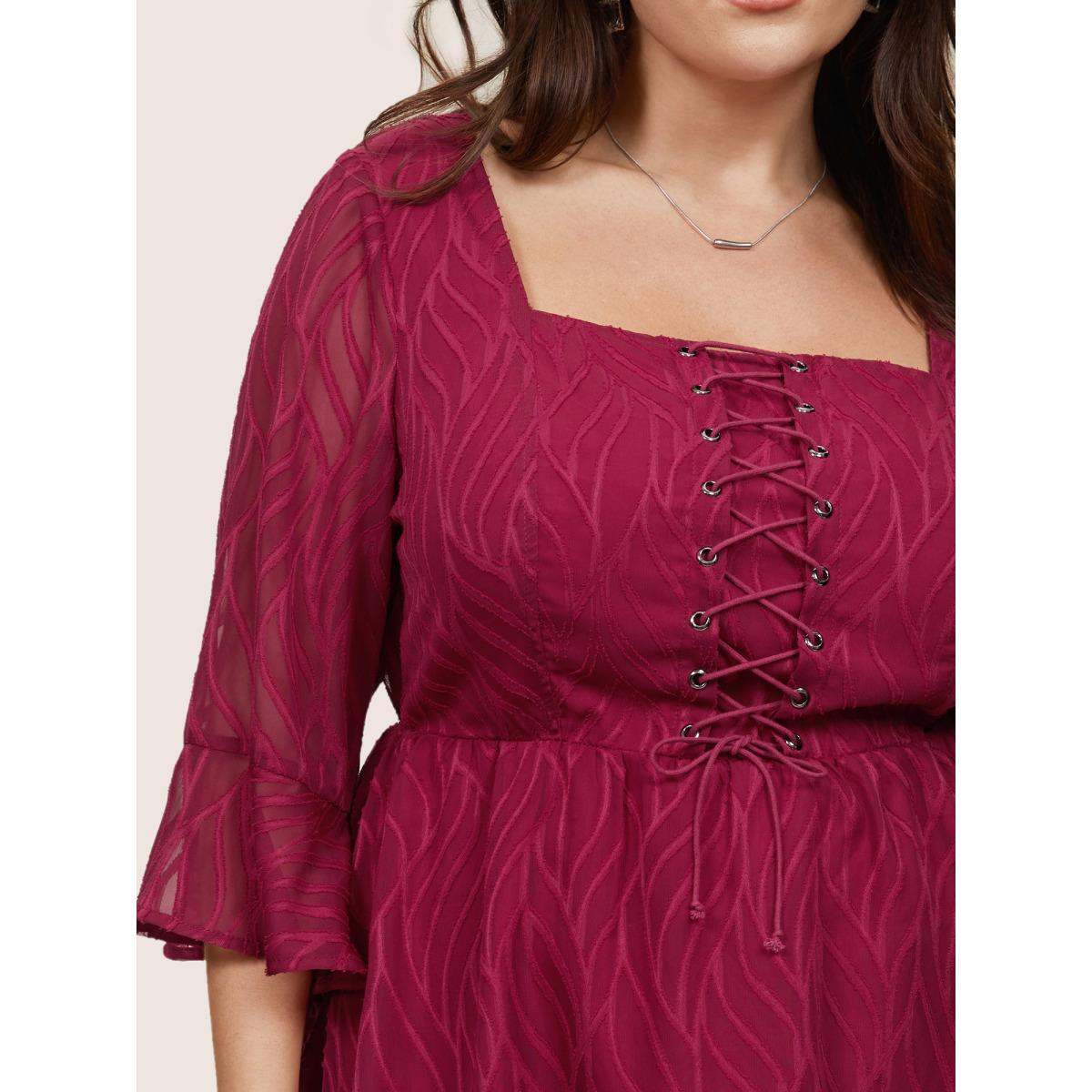 Plus Size Scarlet Chiffon Square Neck Lace Up Ruffles Blouse Women Elegant Elbow-length sleeve Square Neck Everyday Blouses BloomChic 12/L Product Image