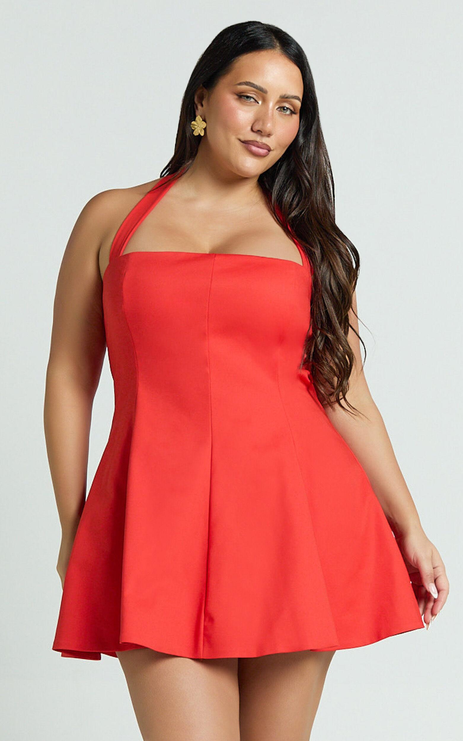 Nadine Mini Dress - Square Neck Halterneck Flare Skirt Dress in Red Product Image