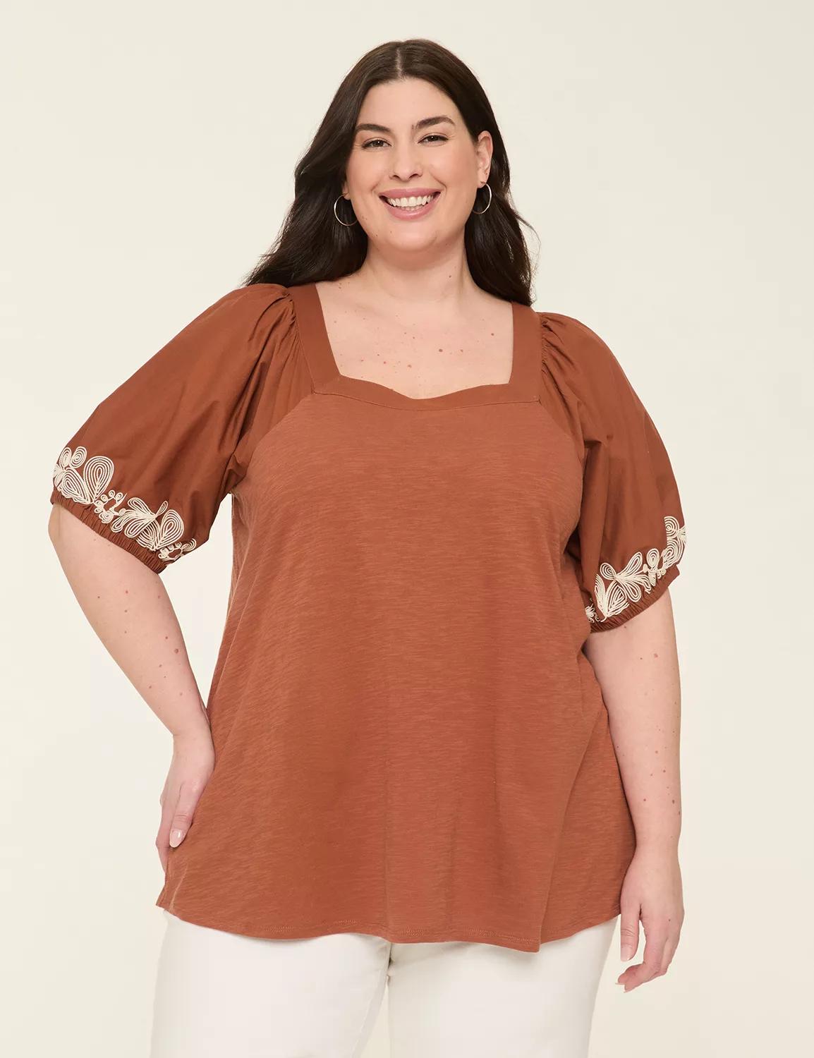 Embroidered Puff-Sleeve Square-Neck Top Product Image