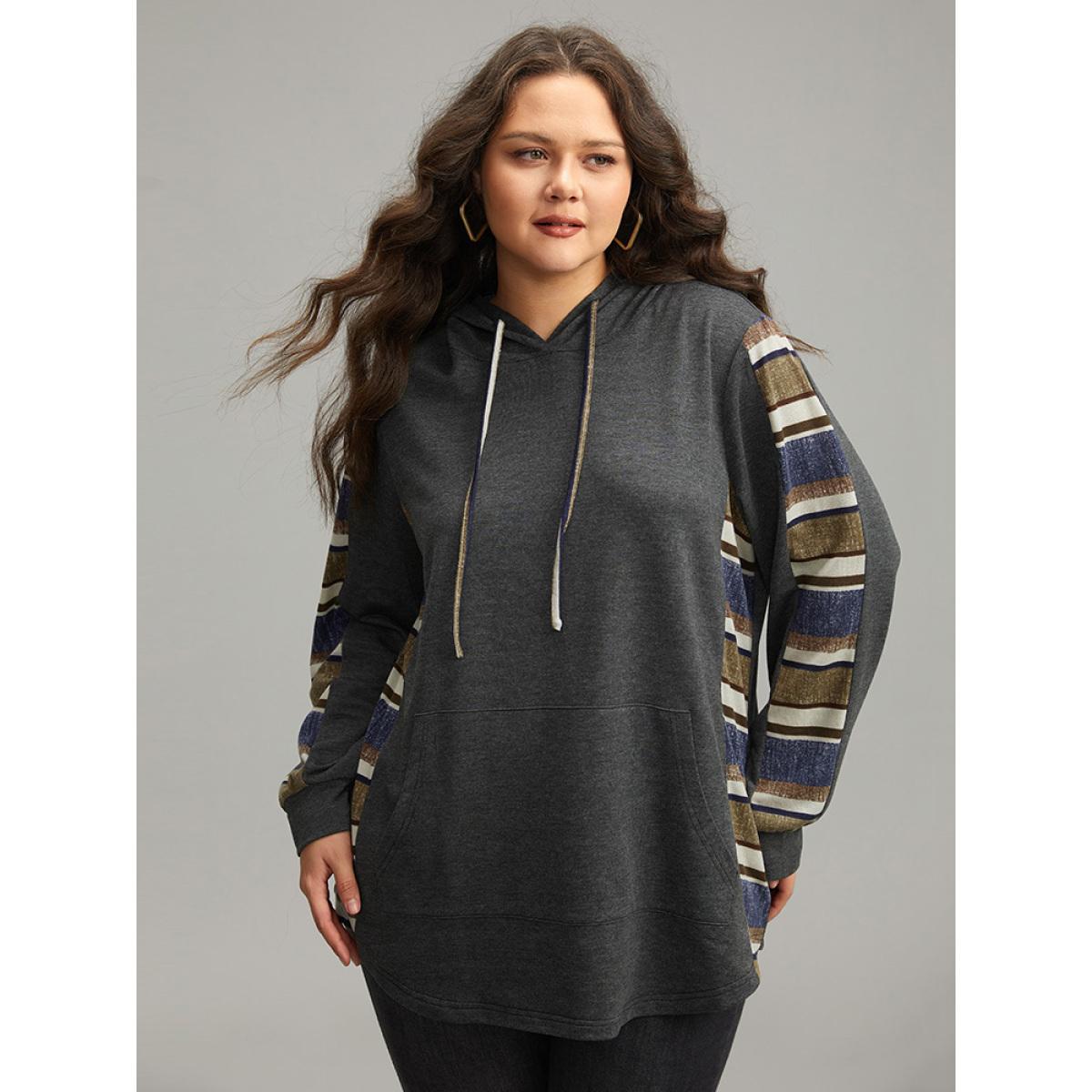 Plus Size Contrast Striped Hooded Ties Pocket Sweatshirt Women DimGray Casual Contrast Hooded Dailywear Sweatshirts BloomChic 12/L Product Image