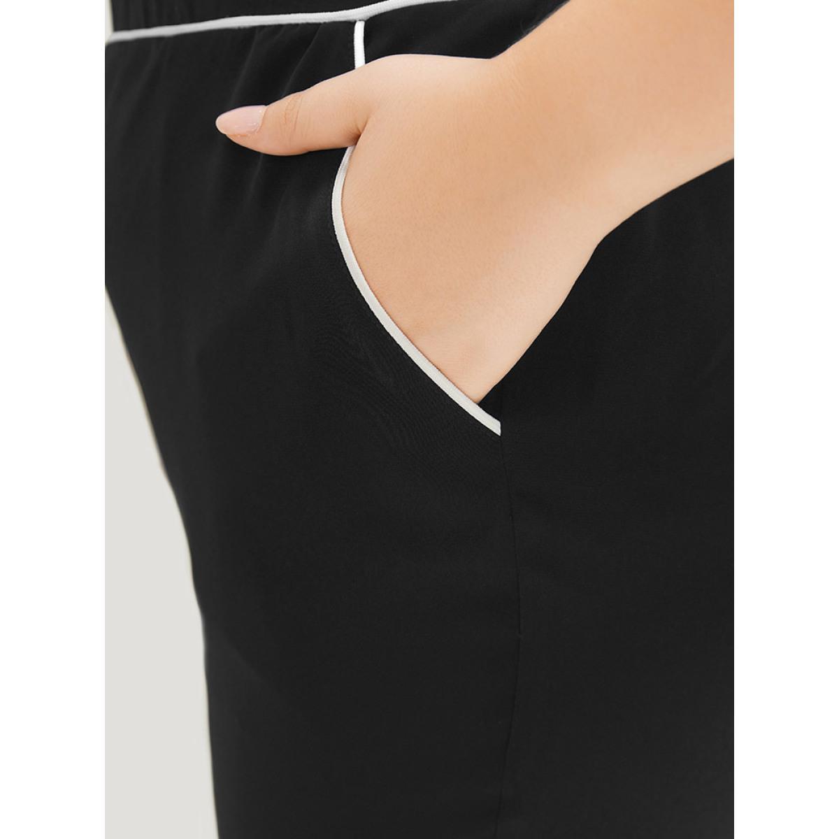 Plus Size Two Tone Seam Detail Pocket Elastic Waist Pants Women Black Office Straight Leg High Rise Work Pants BloomChic 22-24/3X Product Image