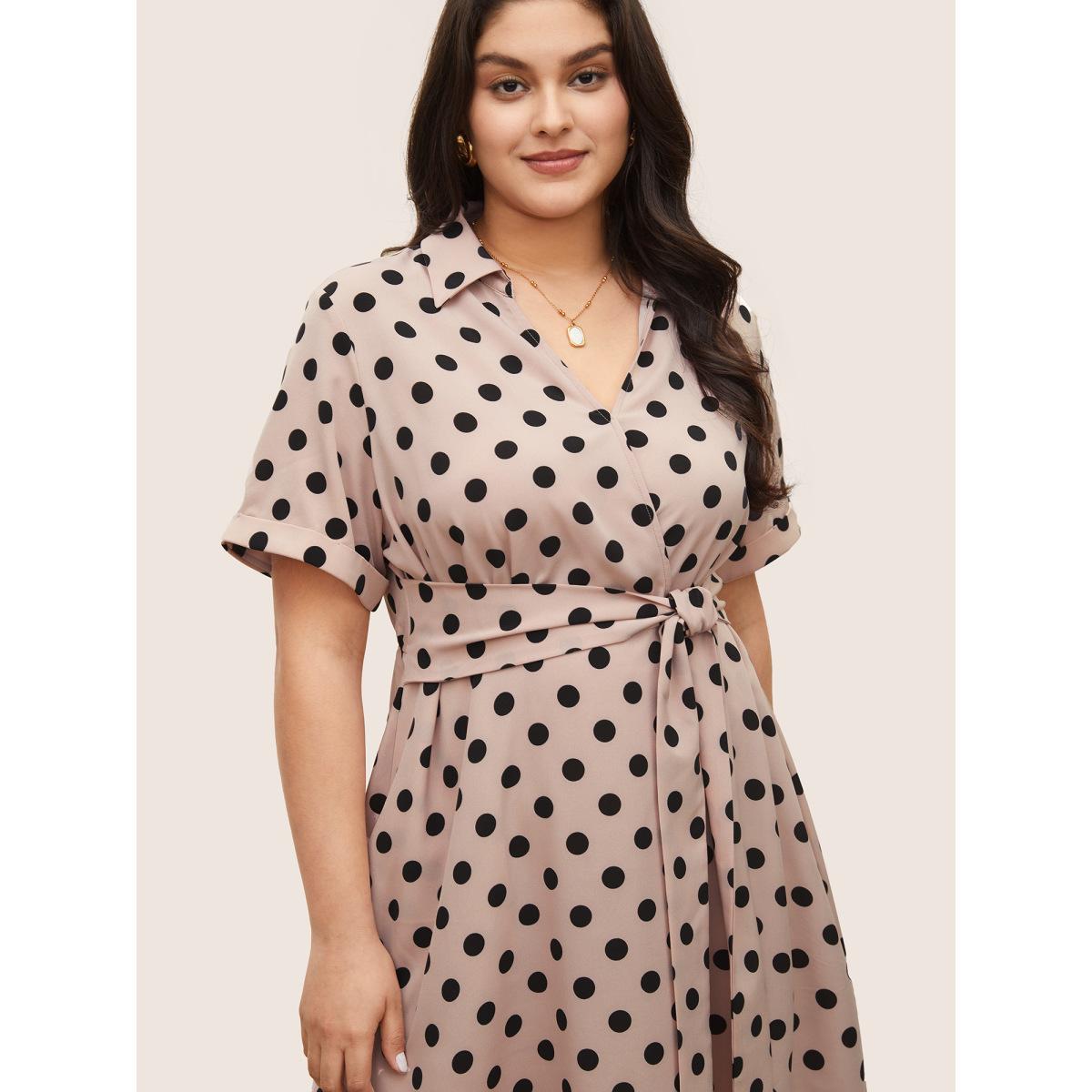 Plus Size Polka Dot Elastic Waist Ties Pocket Dress Pink Women At the Office Non Lapel Collar Short sleeve Curvy Midi Dress BloomChic 30/6X Product Image